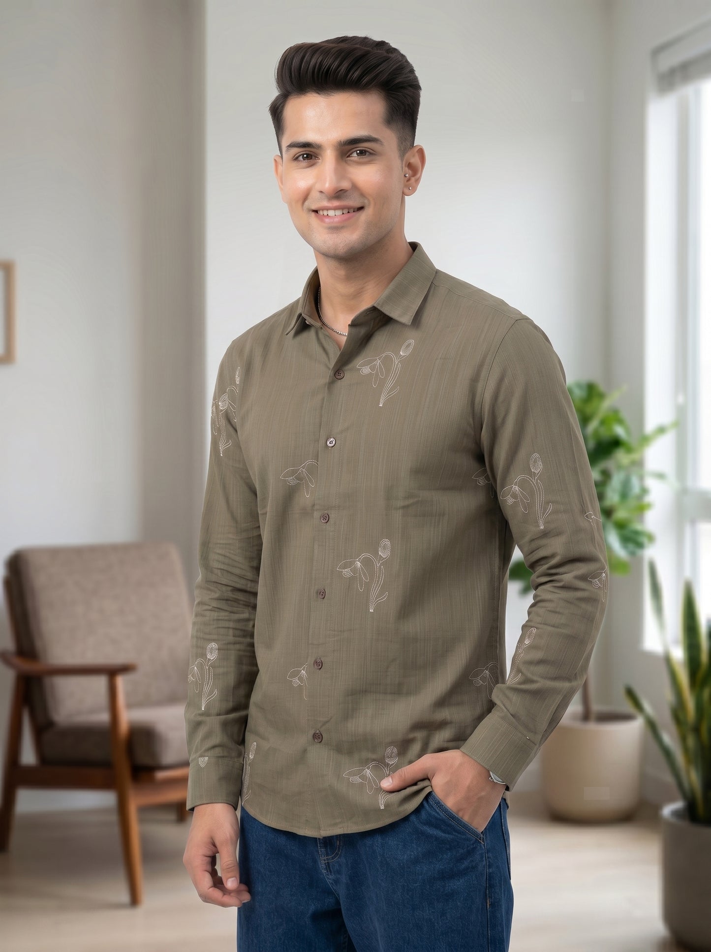 Vibe Craft Men's Tulip Embroidery Textured Cotton Shirt
