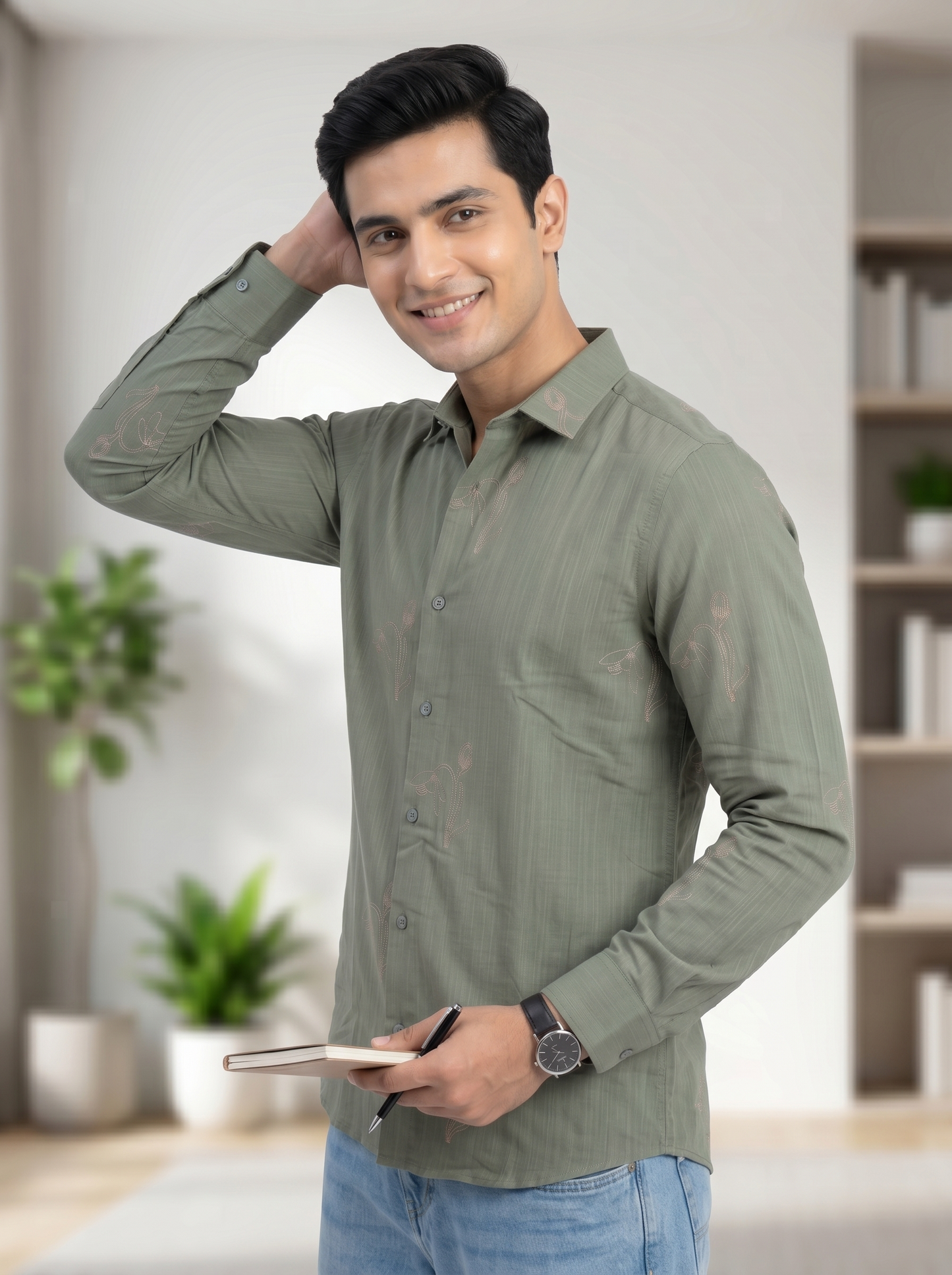 Vibe Craft Men's Tulip Embroidery Textured Cotton Shirt
