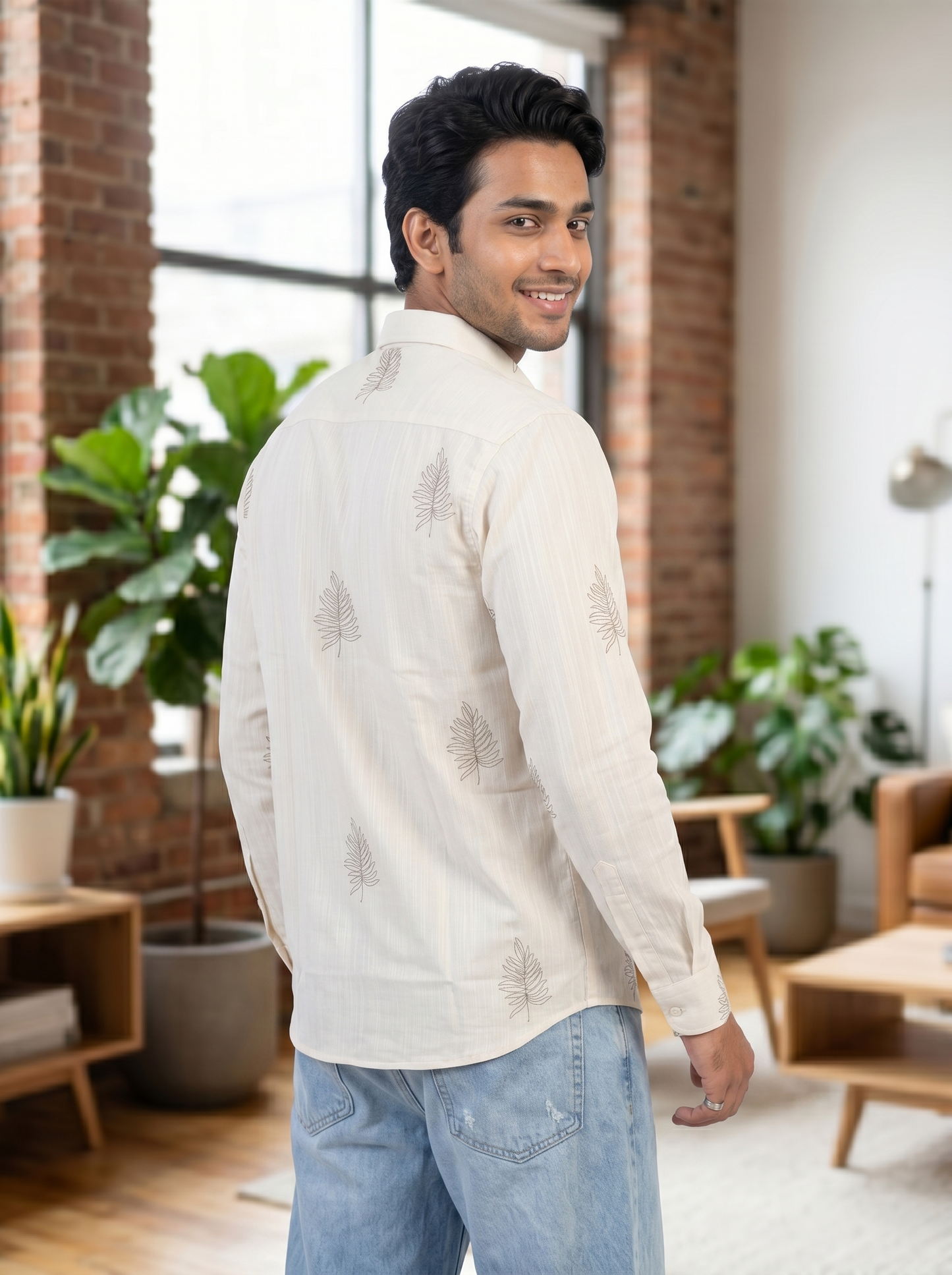 Men's Leaf Graphic Print Cotton Shirt