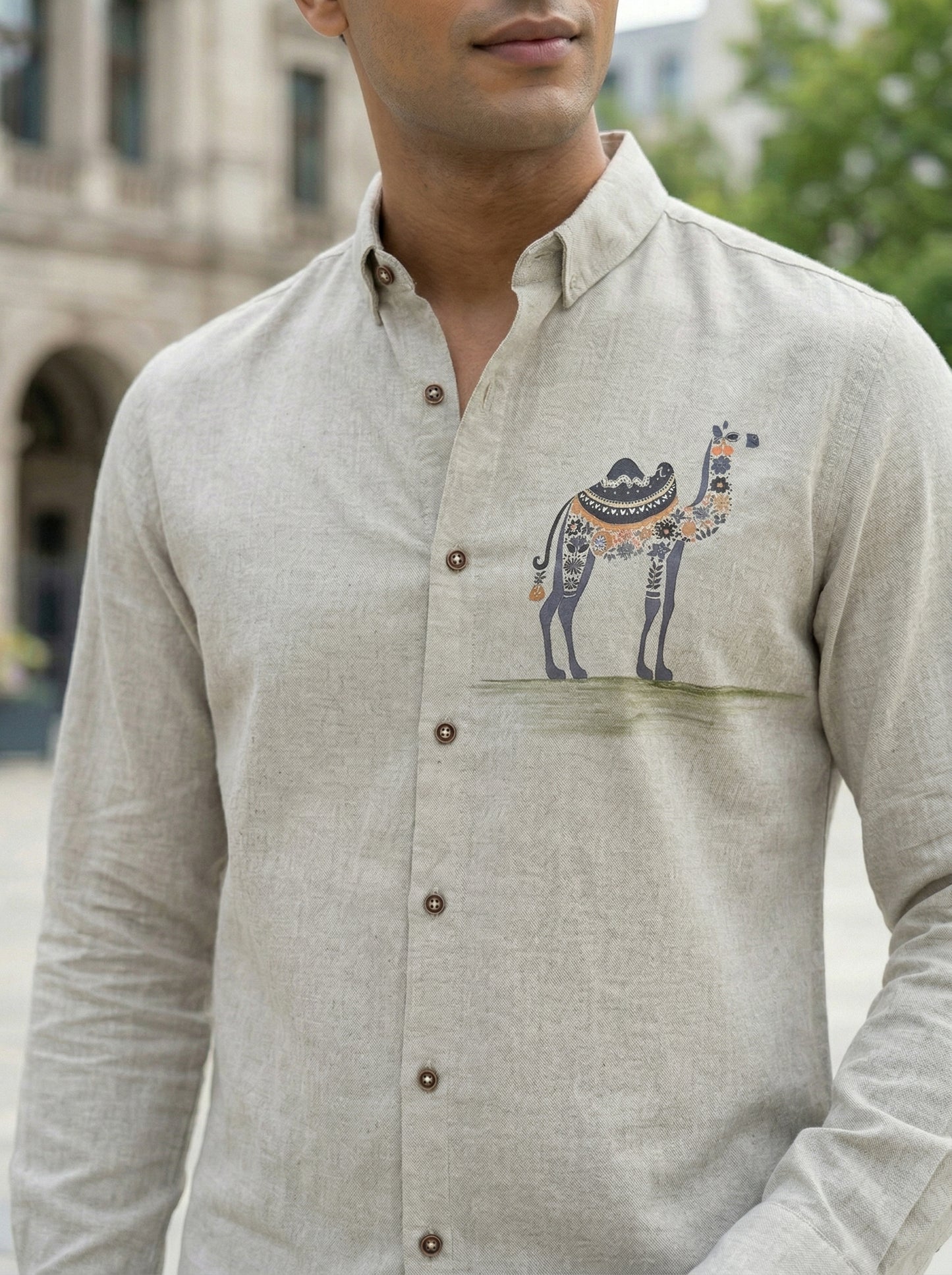 Men’s Sand Beige Camel Motif Graphic Cotton Linen Shirt
