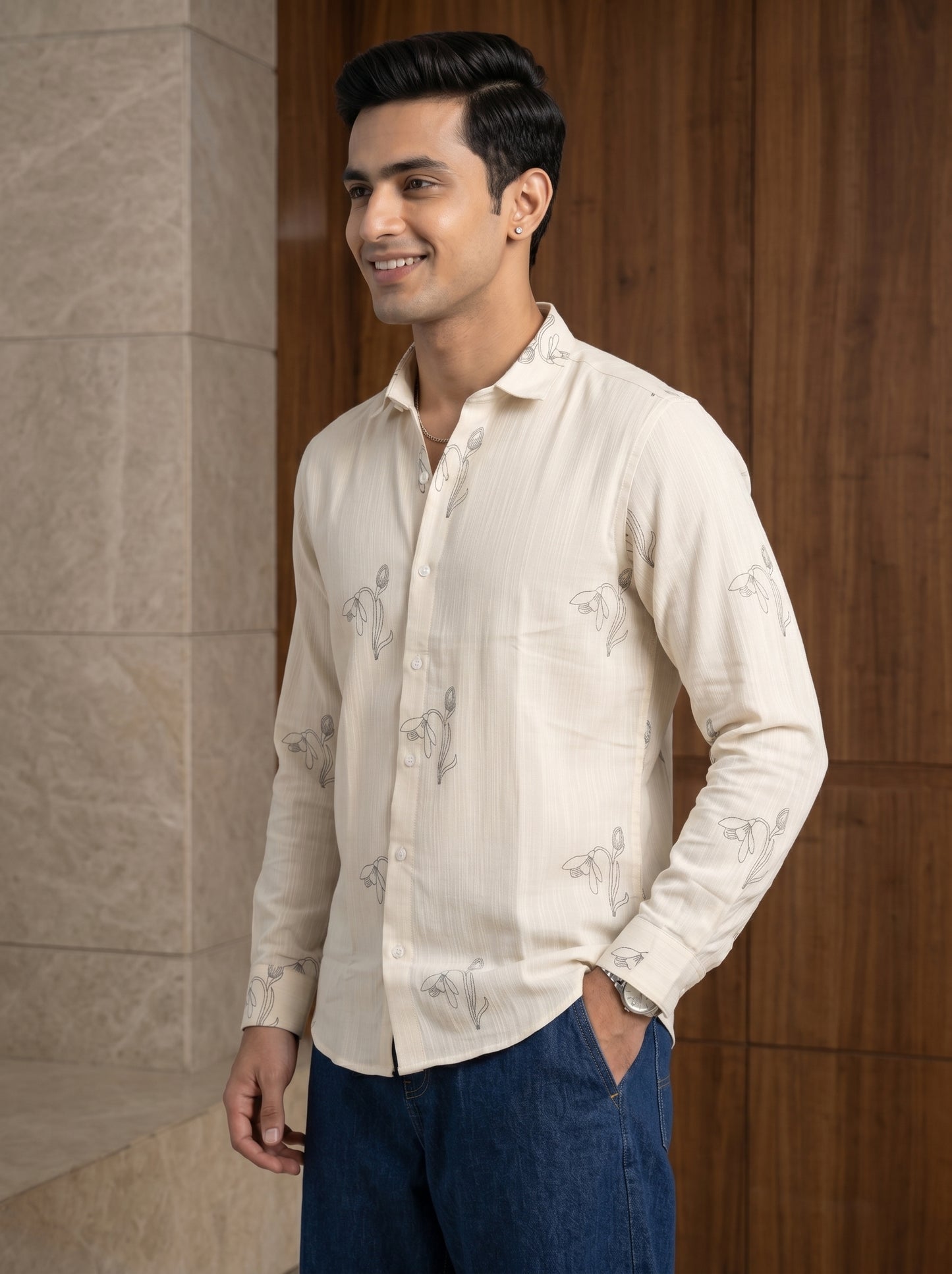 Vibe Craft Men's Tulip Embroidery Textured Cotton Shirt