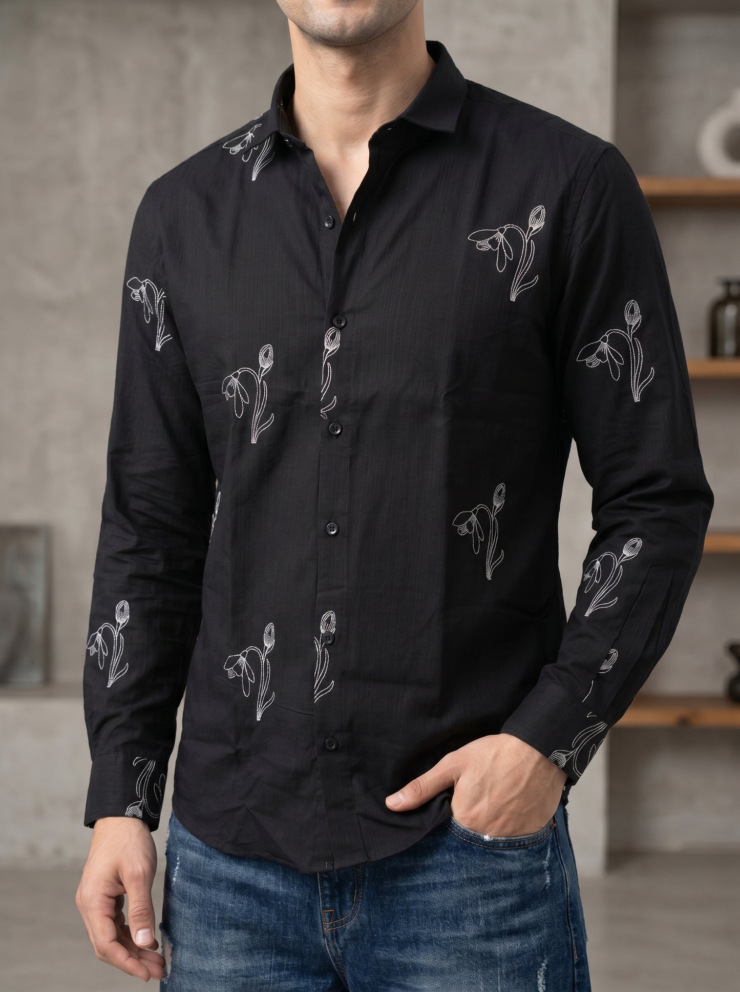 Vibe Craft Men's Tulip Embroidery Textured Cotton Shirt