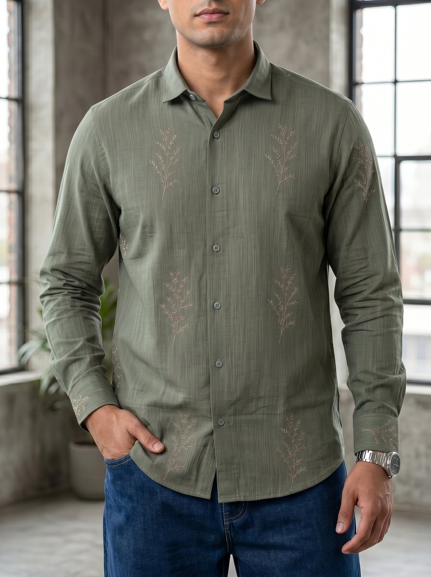 Minimal Fern Print Beige Shirt for Men