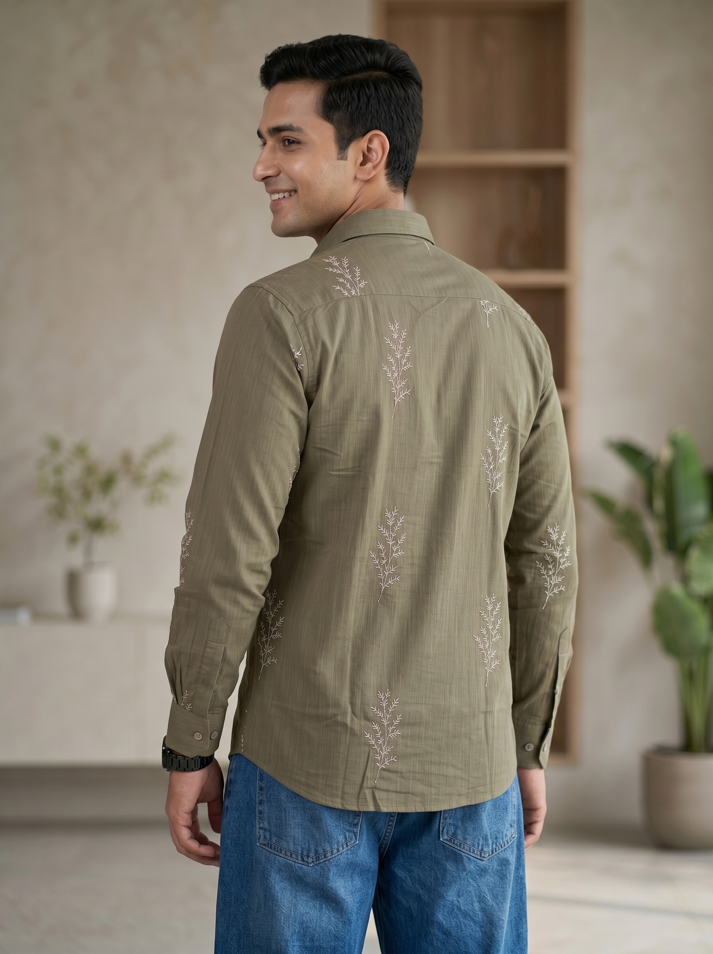 Minimal Fern Print Beige Shirt for Men