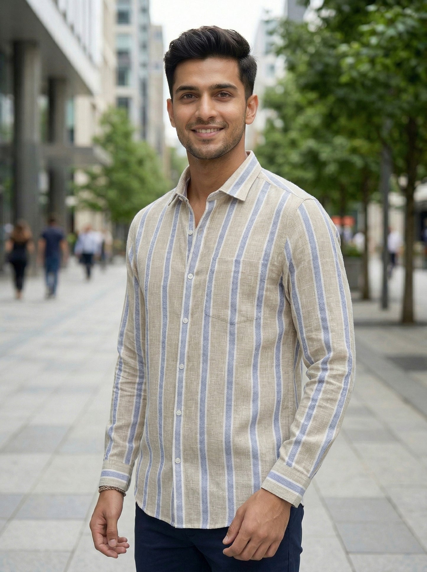 Beige & Blue Striped Premium Linen Shirt