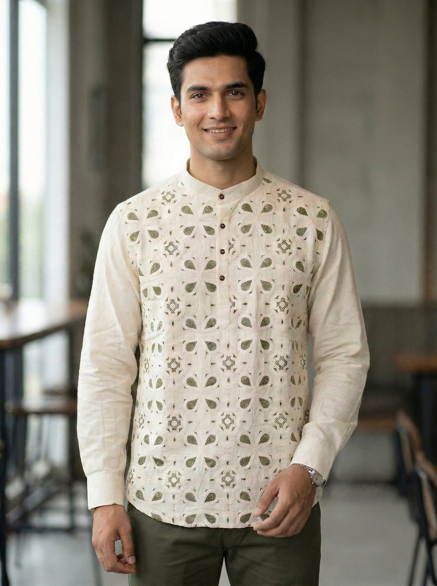 Men’s Geometric Embroidered Cotton Linen Short Kurta