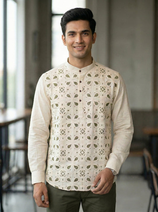 Men’s Geometric Embroidered Cotton Linen Short Kurta