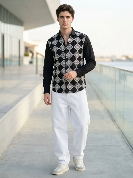 Men’s Ivory Tonal Geometric Embroidered Premium Cotton Shirt