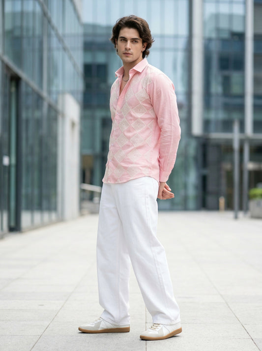 Men’s Pink Embroidered Designer Casual Shirt