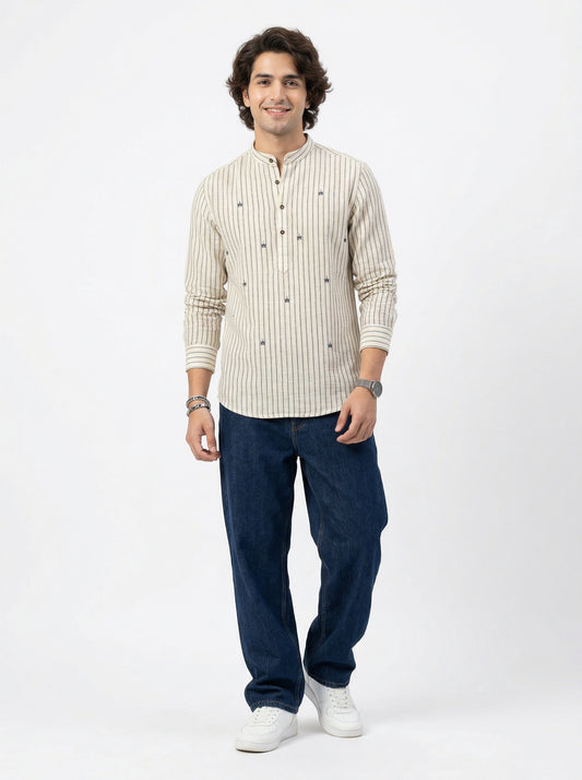 Men’s Striped Embroidery Kurta Shirt
