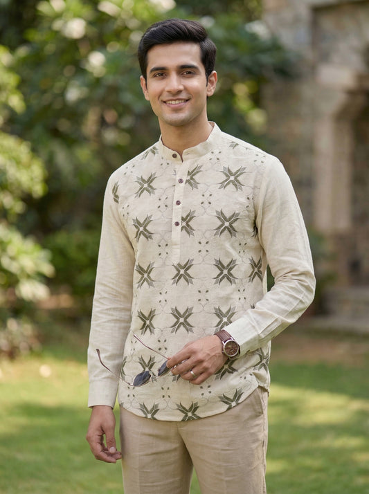 Men’s Cream & Olive Floral Embroidered Cotton Short Kurta