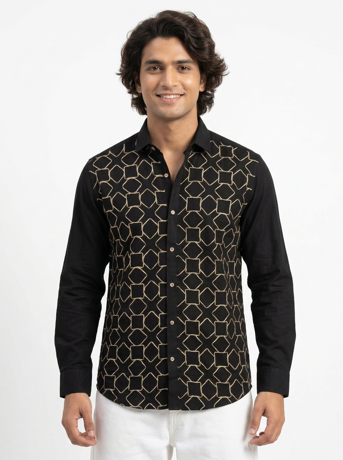 Obsidian Black Geometric Embroidered Men's Shirt