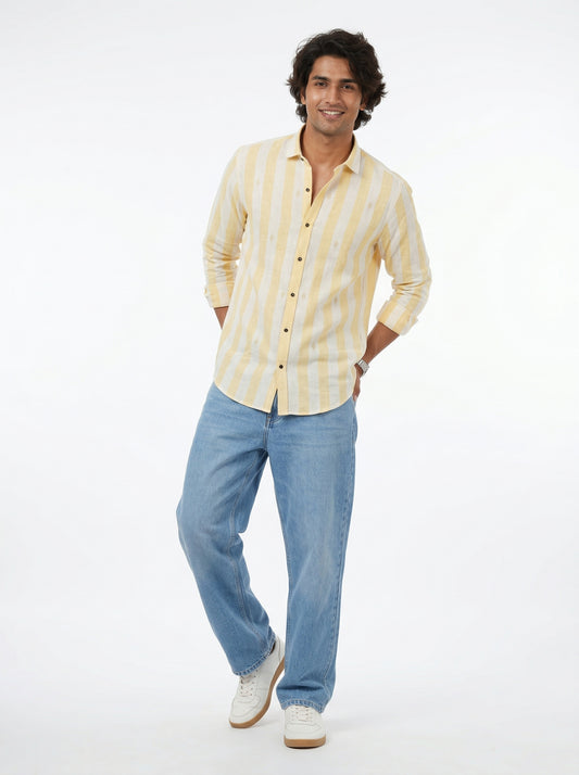 Men's Yellow Striped Embroidered Premium Linen Blend Shirt