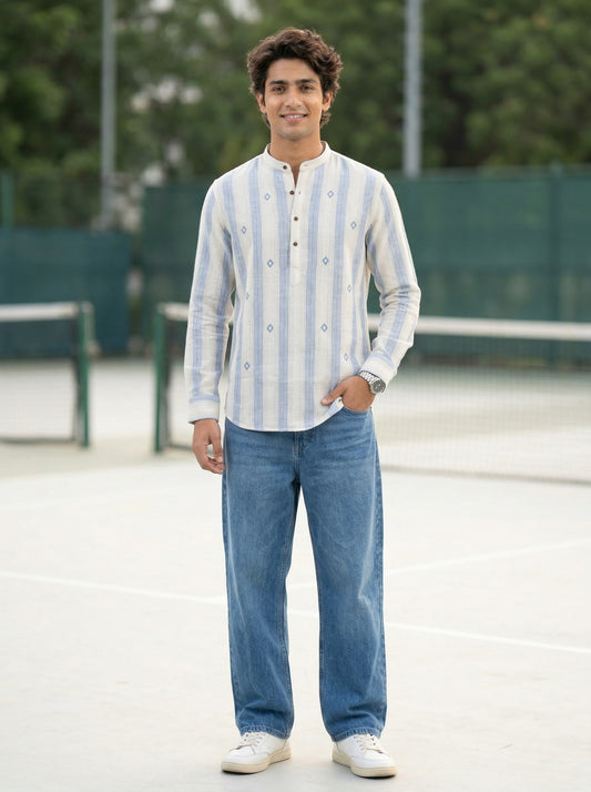 Men’s Blue Striped Embroidered Short Kurta Shirt