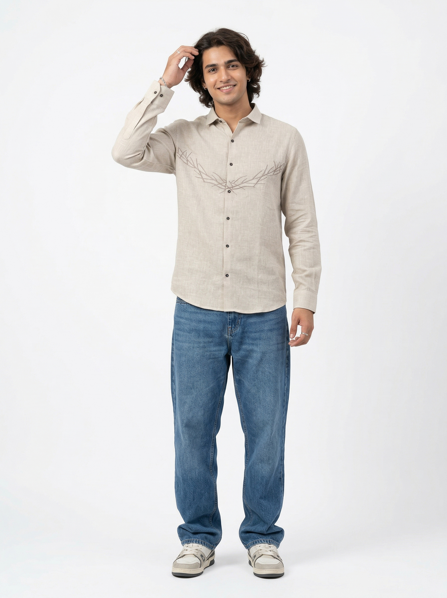Beige Embroidered Cotton-Linen Shirt for Men