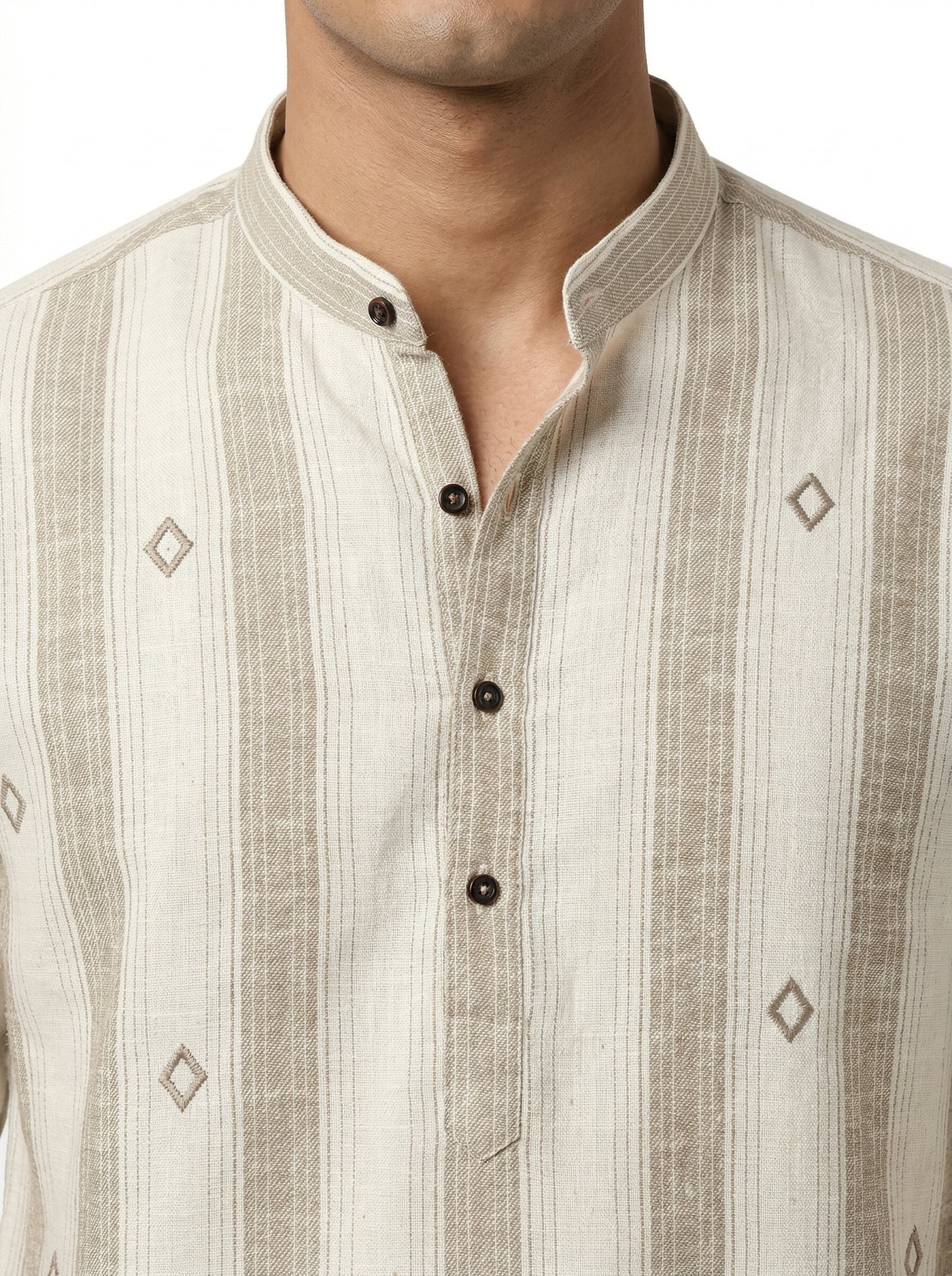 Men’s Beige Striped Kurta Shirt with Subtle Embroidery