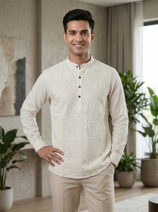 Men’s Off-White Floral Embroidered Premium Short Kurta
