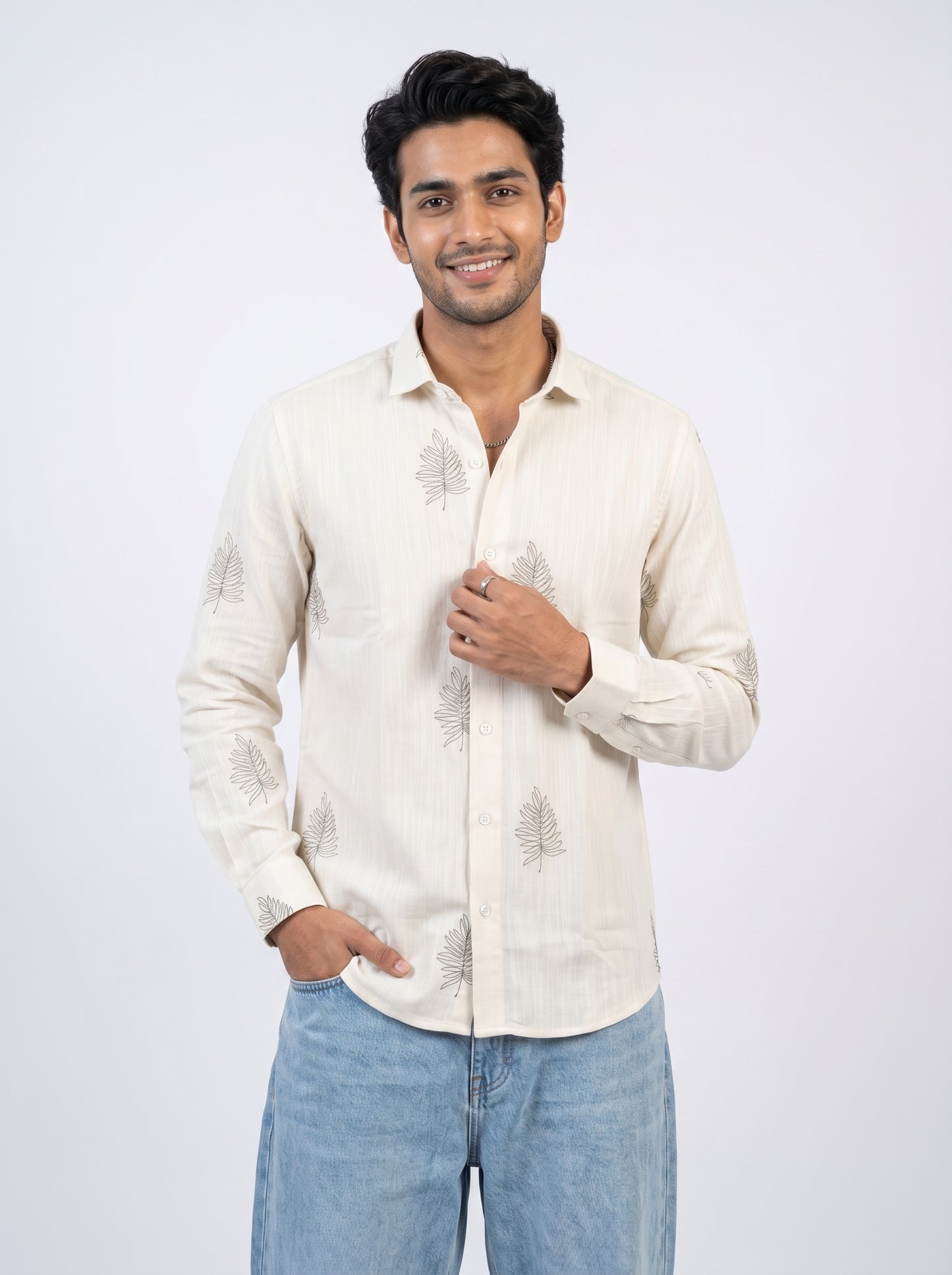 Men's Leaf Graphic Print Cotton Shirt