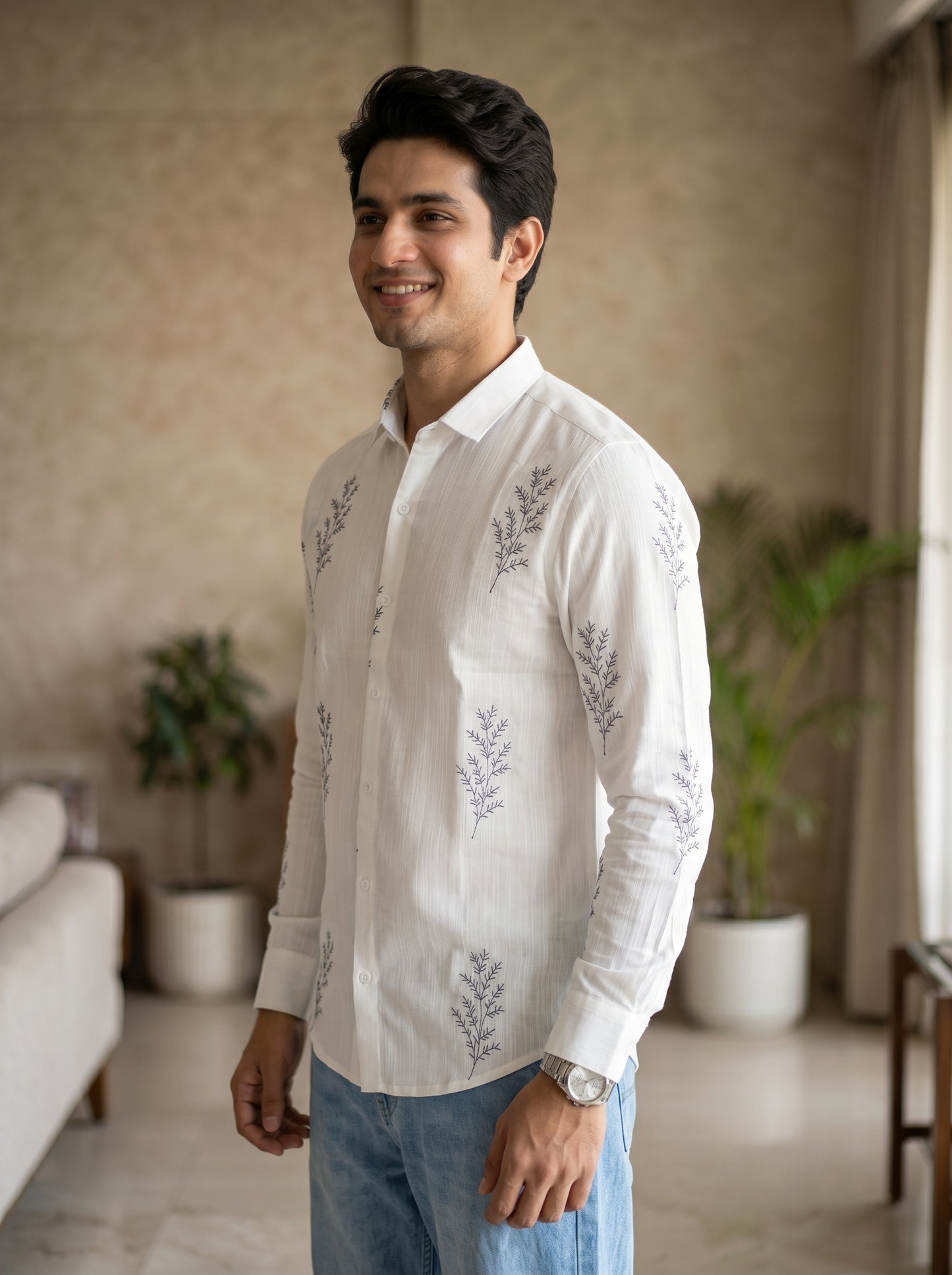 Minimal Fern Print Beige Shirt for Men