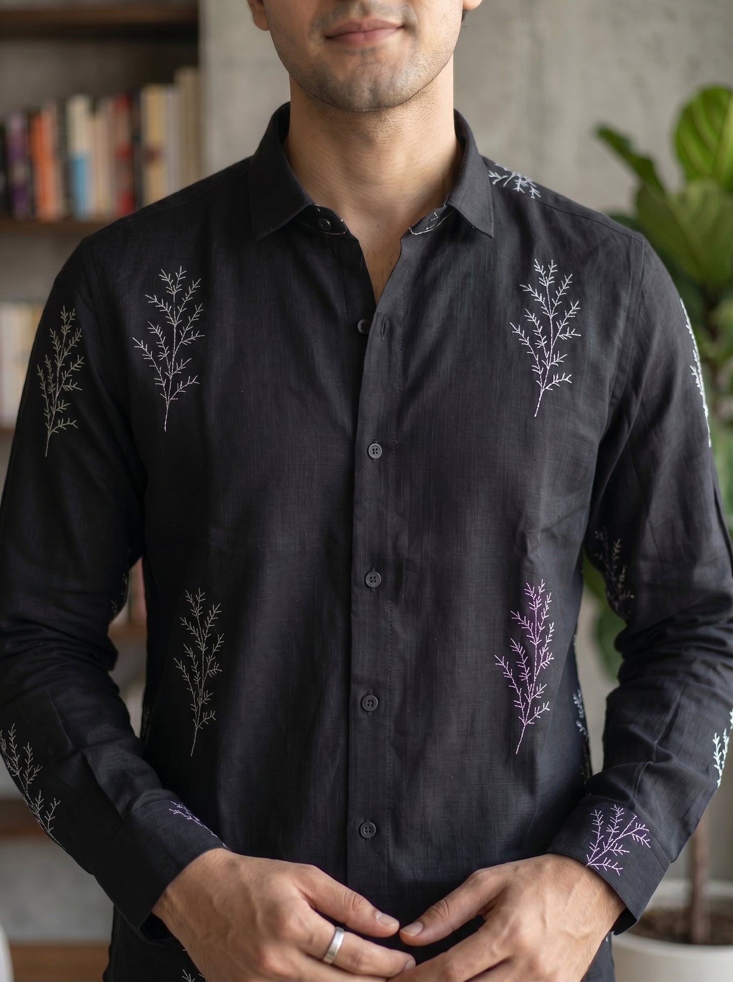 Minimal Fern Print Beige Shirt for Men