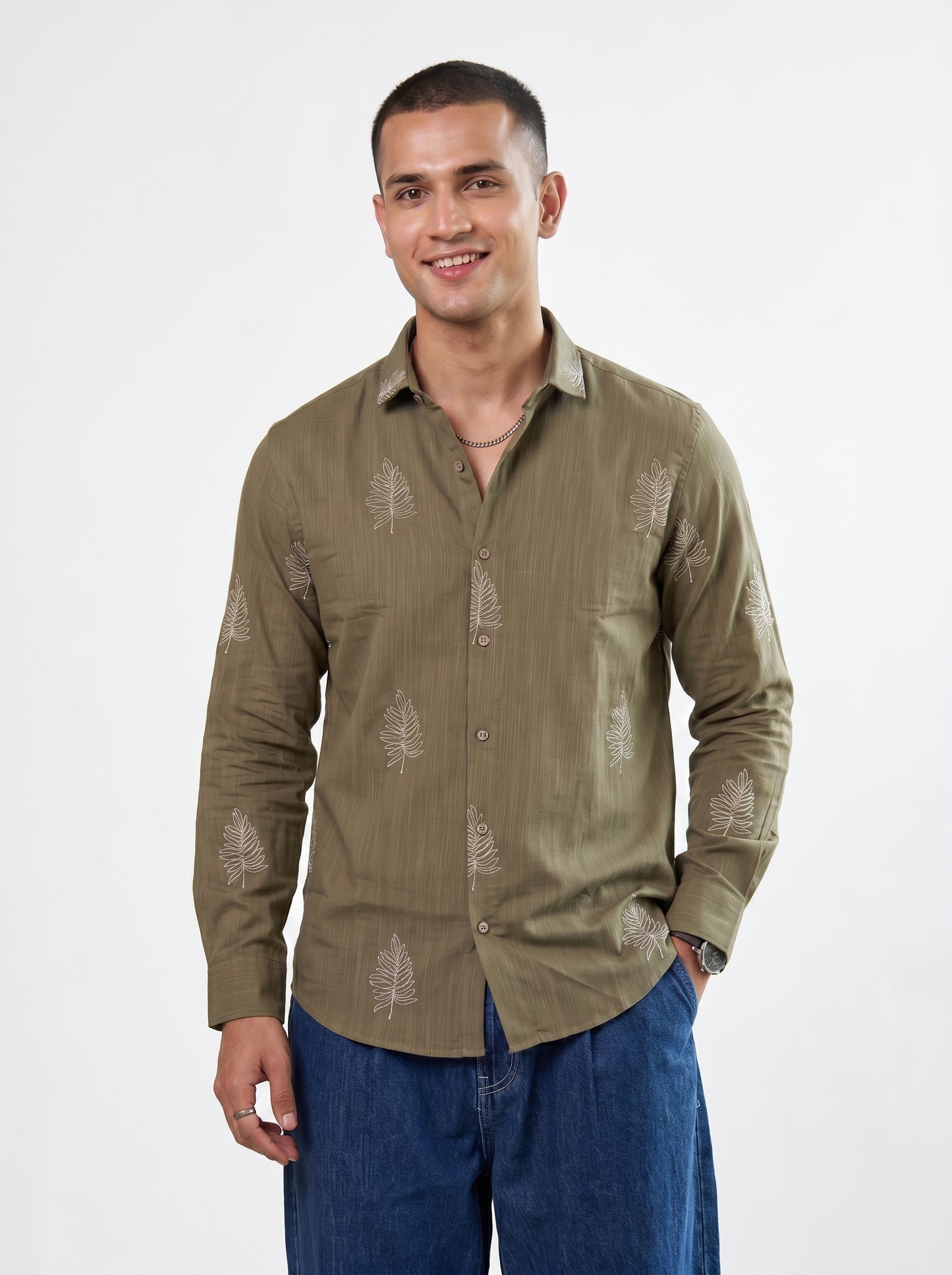 Men's Leaf Graphic Print Cotton Shirt