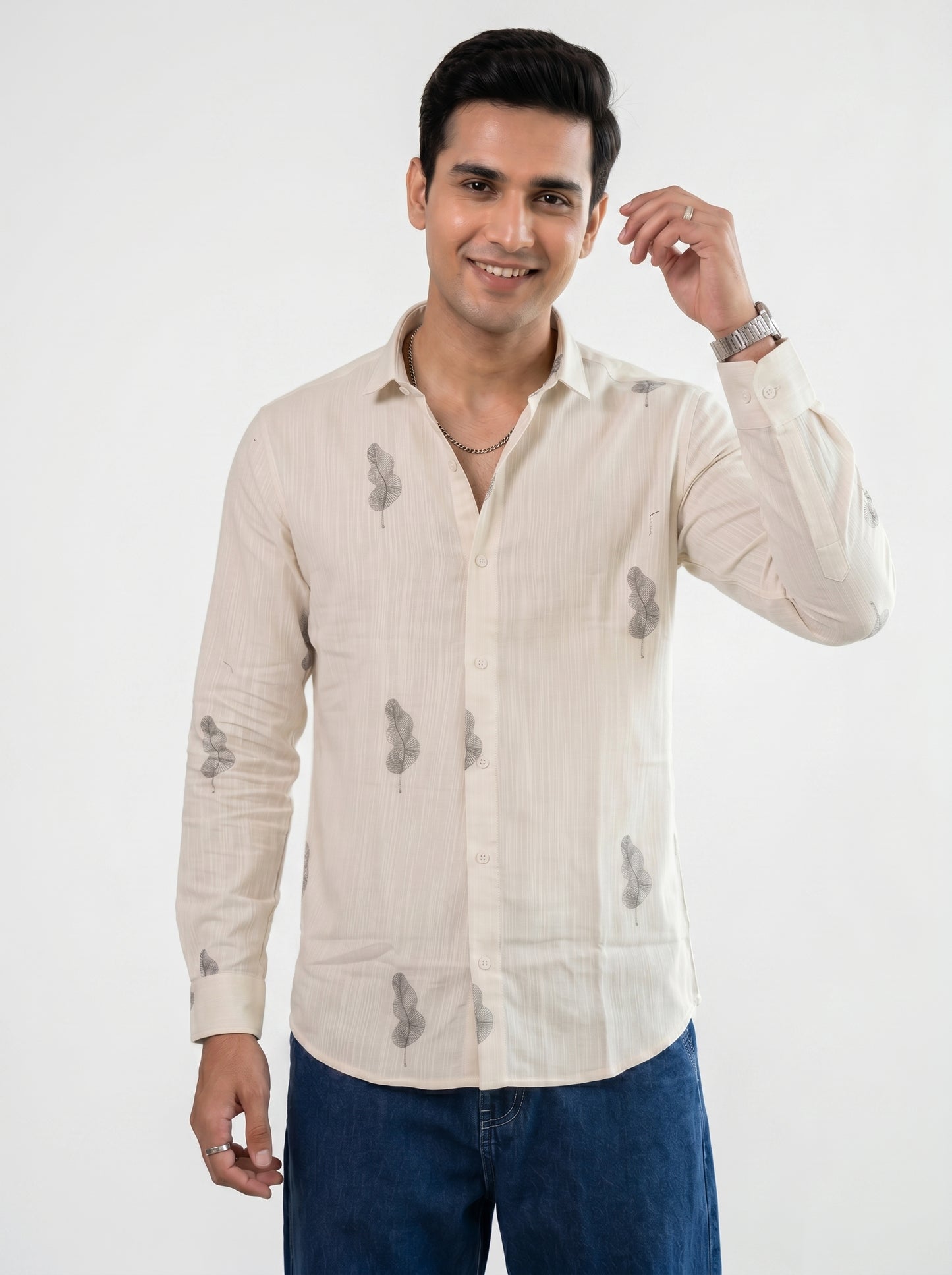 Vibe Craft Men's Feather Print Textured Cotton Shirt
