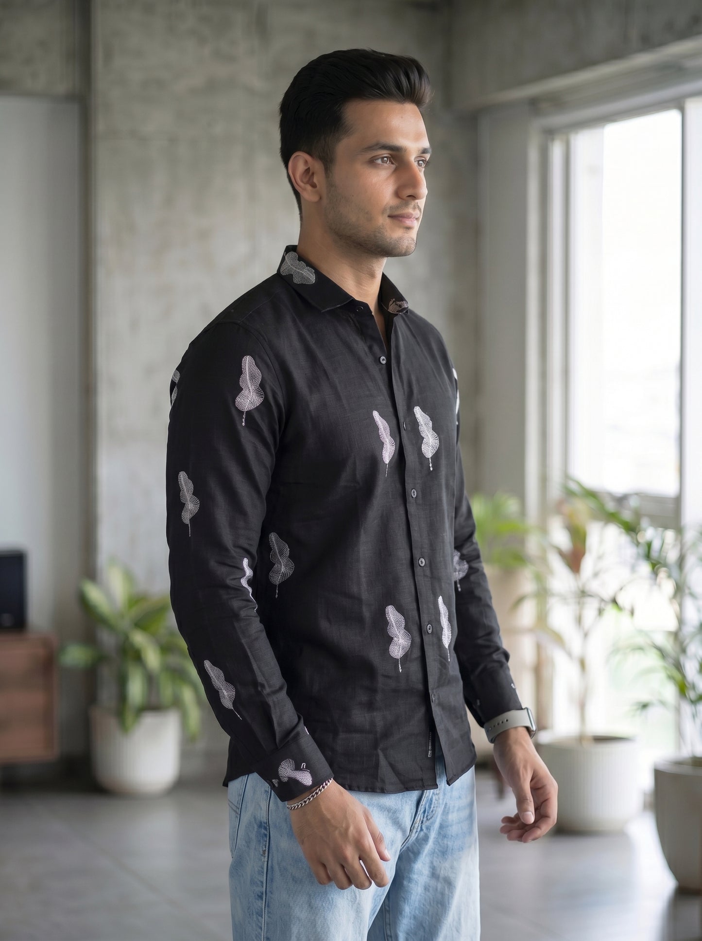 Vibe Craft Men's Feather Print Textured Cotton Shirt