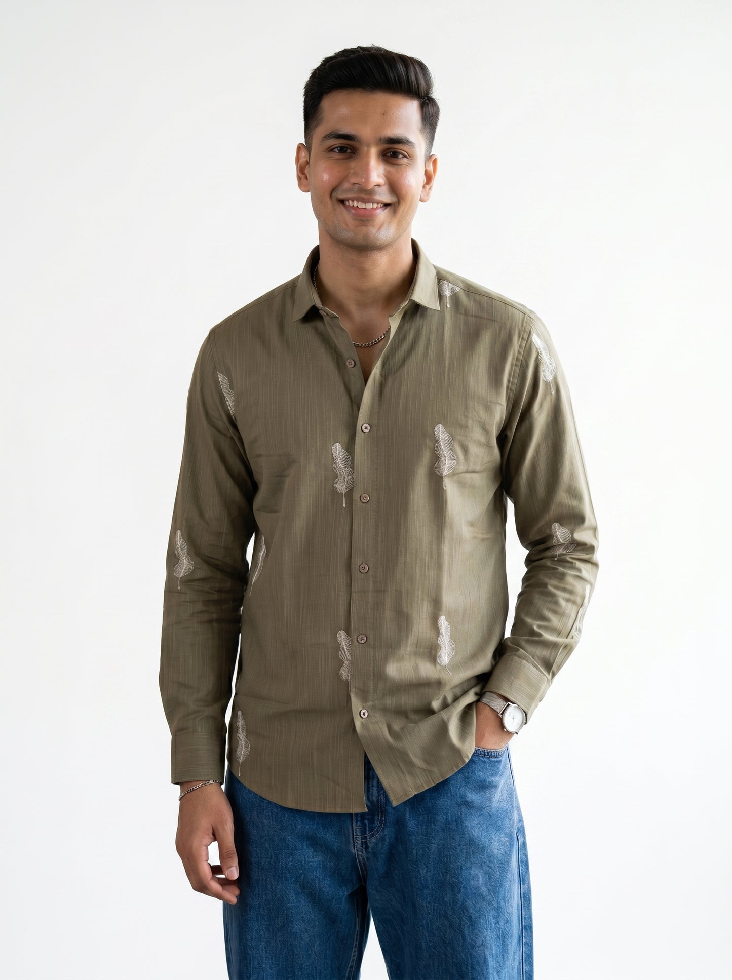 Vibe Craft Men's Feather Print Textured Cotton Shirt