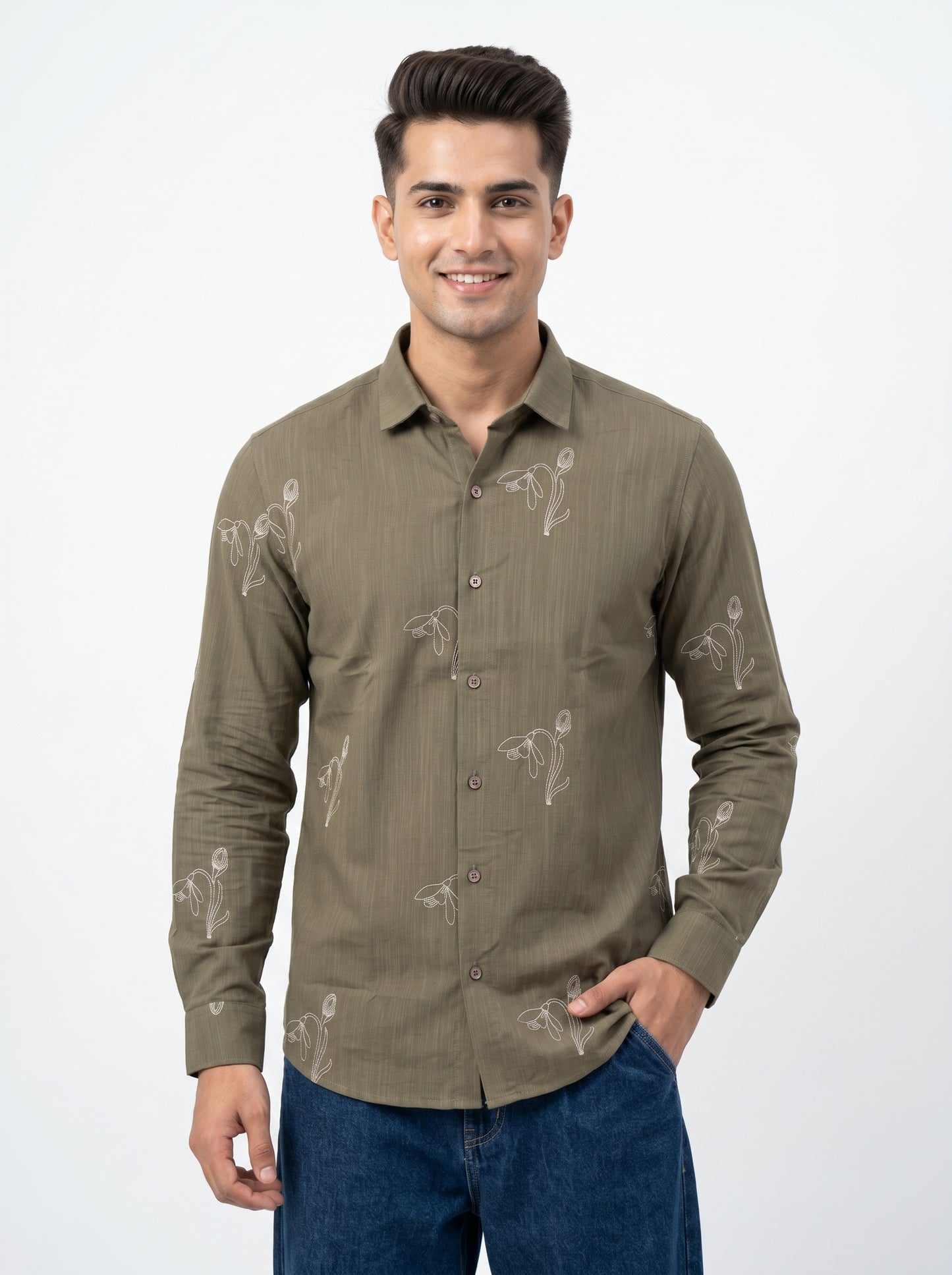 Vibe Craft Men's Tulip Embroidery Textured Cotton Shirt