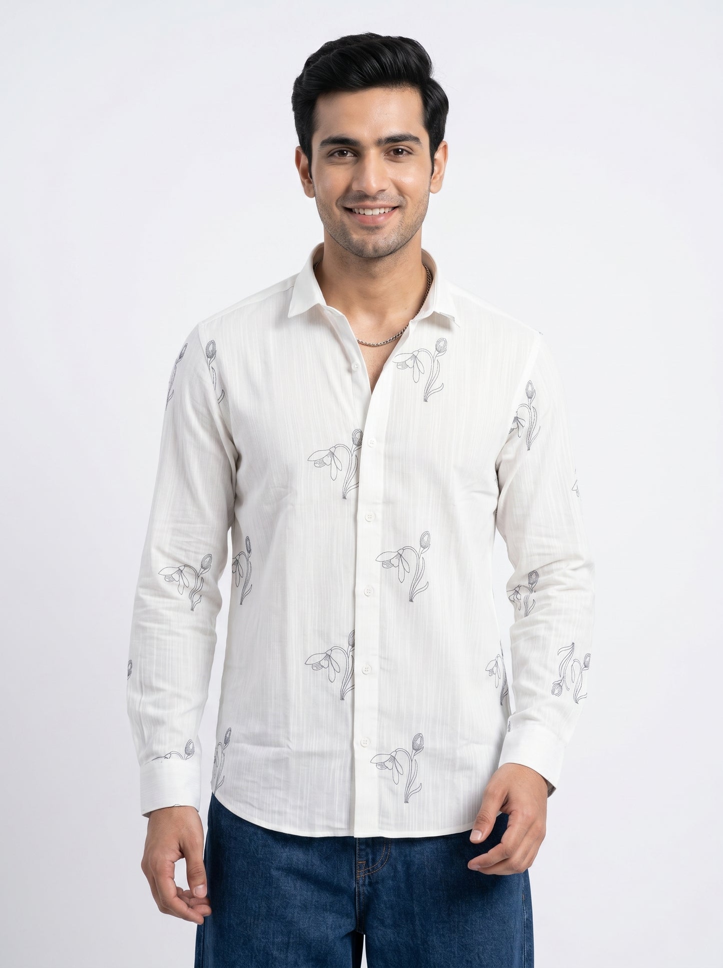 Vibe Craft Men's Tulip Embroidery Textured Cotton Shirt