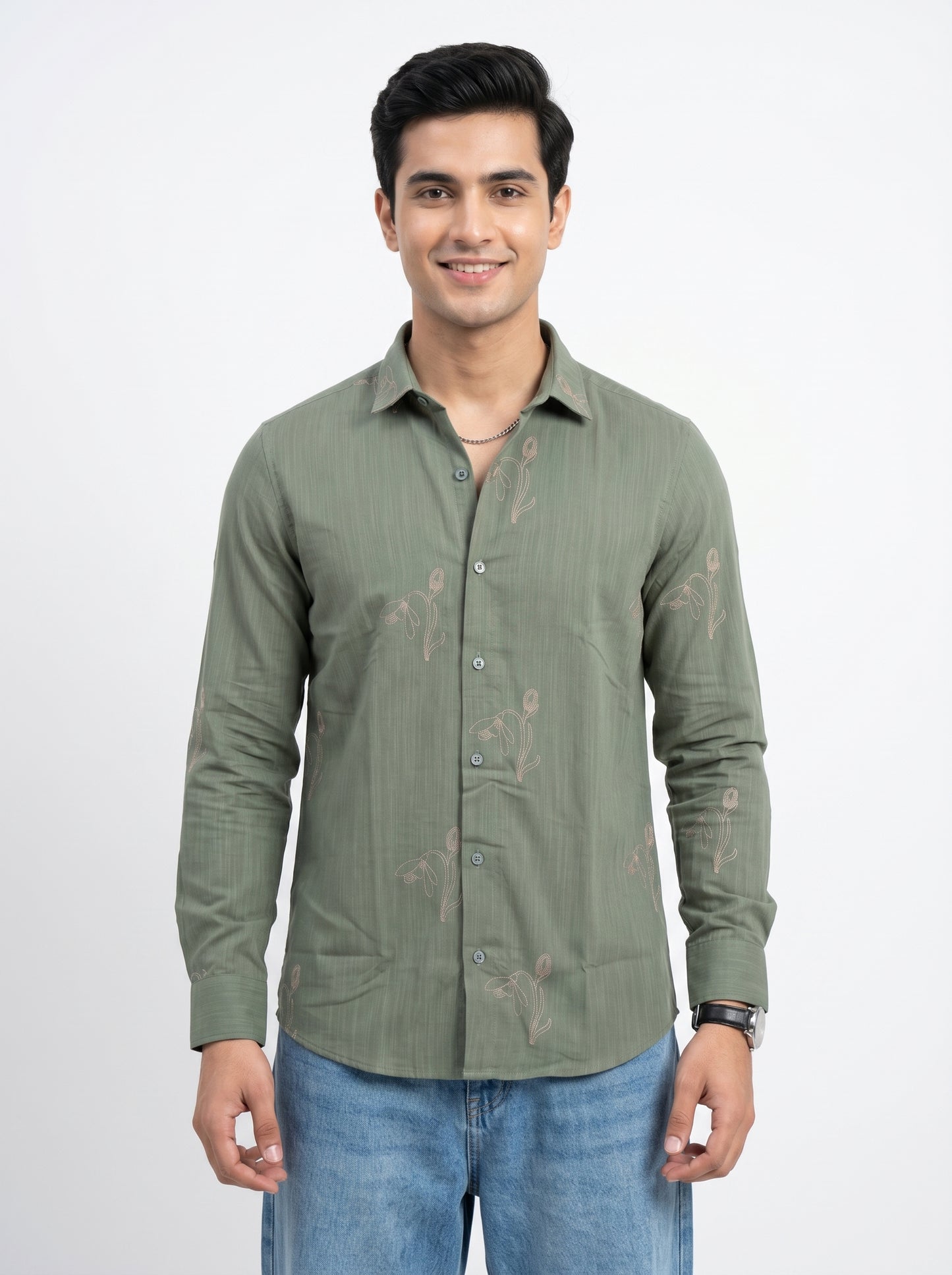 Vibe Craft Men's Tulip Embroidery Textured Cotton Shirt