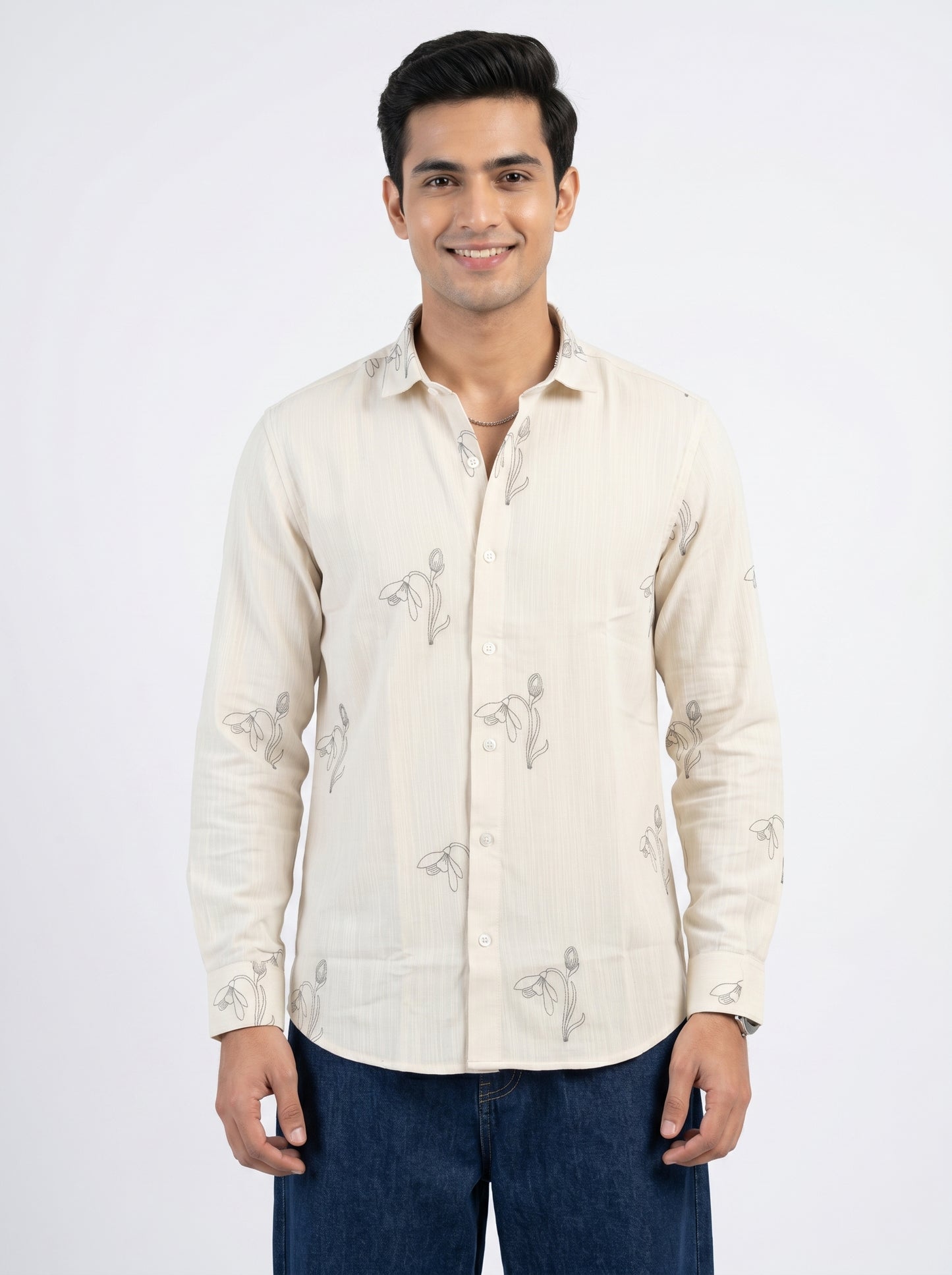Vibe Craft Men's Tulip Embroidery Textured Cotton Shirt