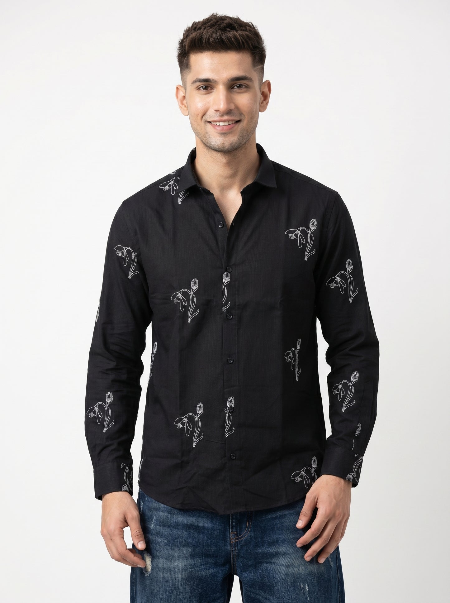 Vibe Craft Men's Tulip Embroidery Textured Cotton Shirt