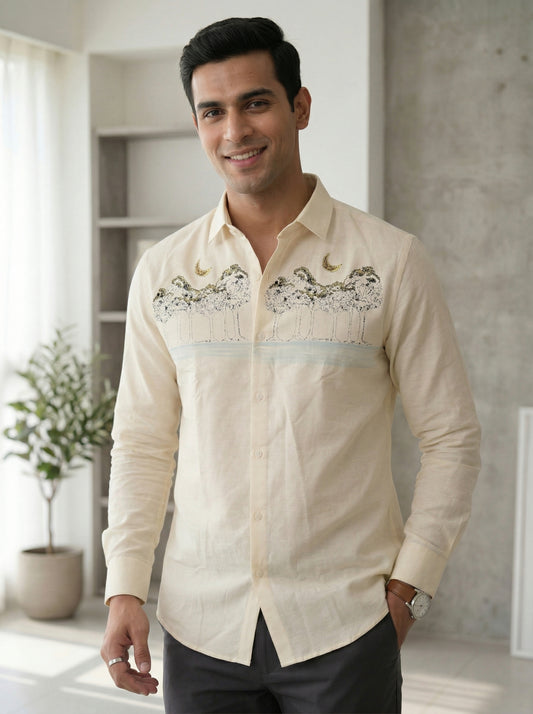 Men’s Beige Abstract Watercolor Graphic Cotton Linen Shirt