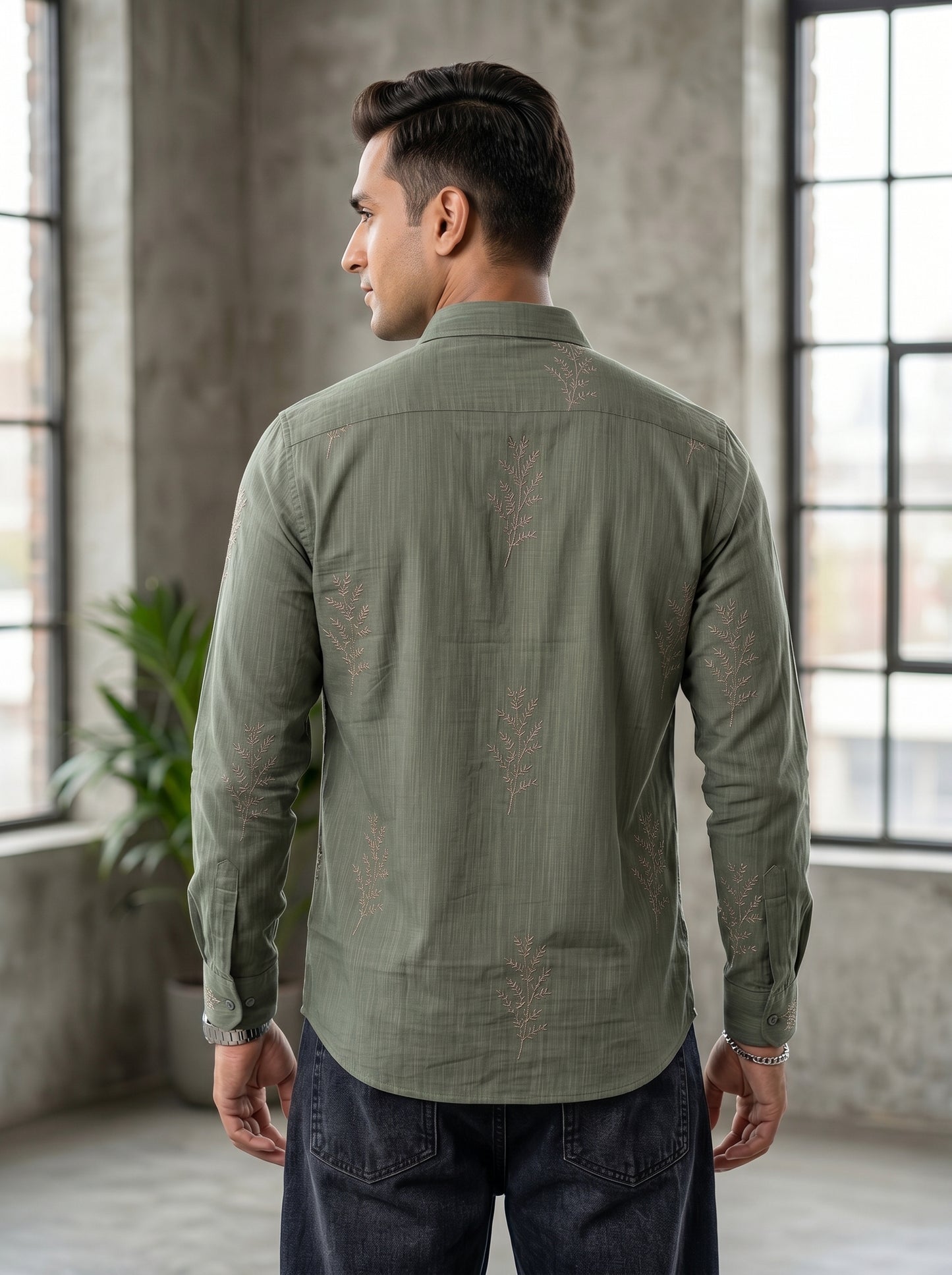 Minimal Fern Print Beige Shirt for Men