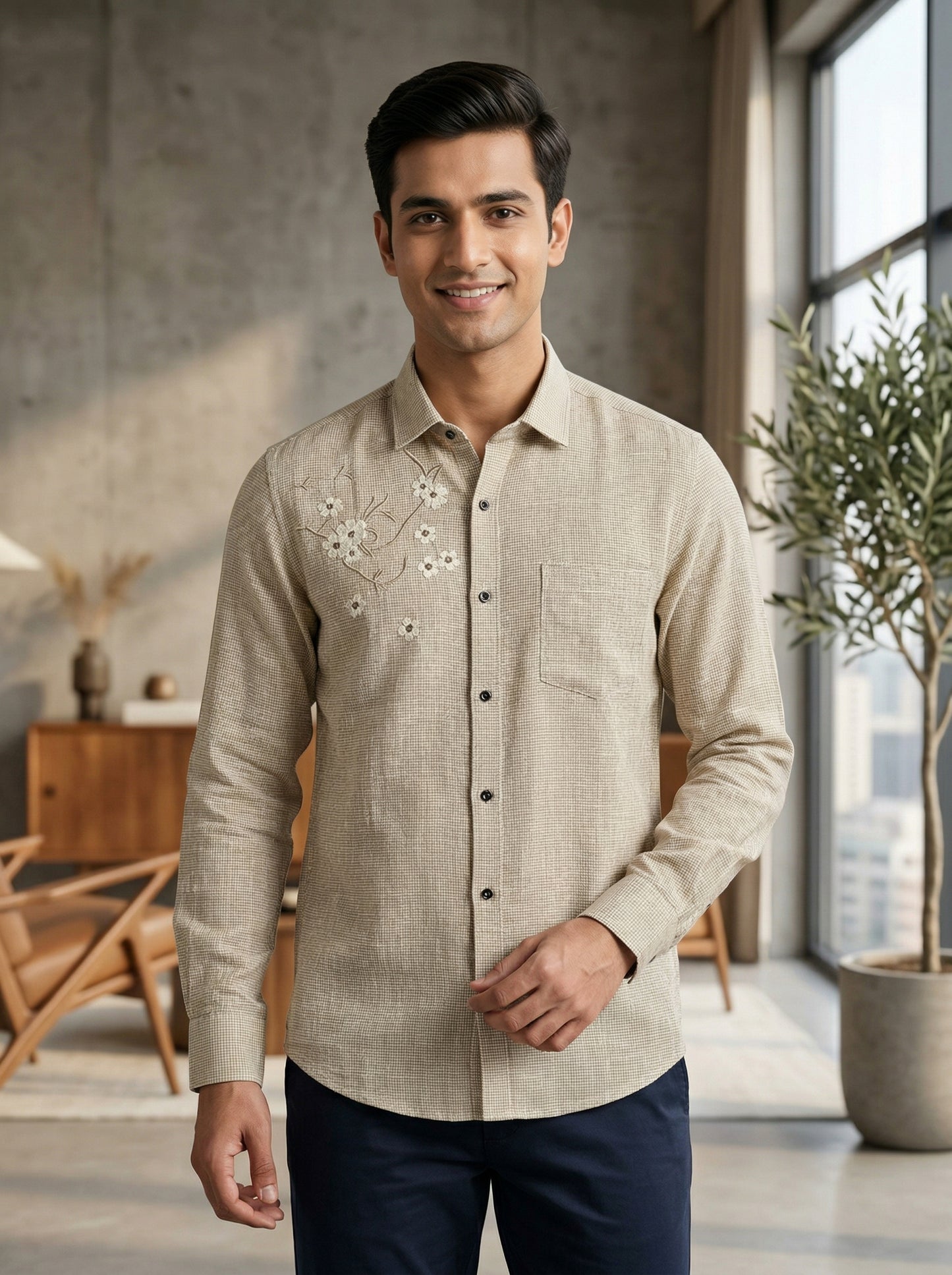 Sandstone Micro-Check Shirt with Subtle Floral Embroidery