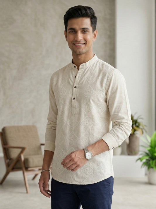 Men’s Ivory Embroidered Cotton Linen Short Kurta Shirt