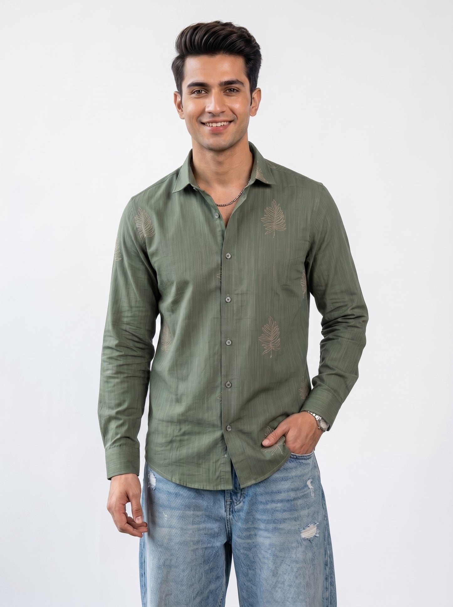 Men's Leaf Graphic Print Cotton Shirt