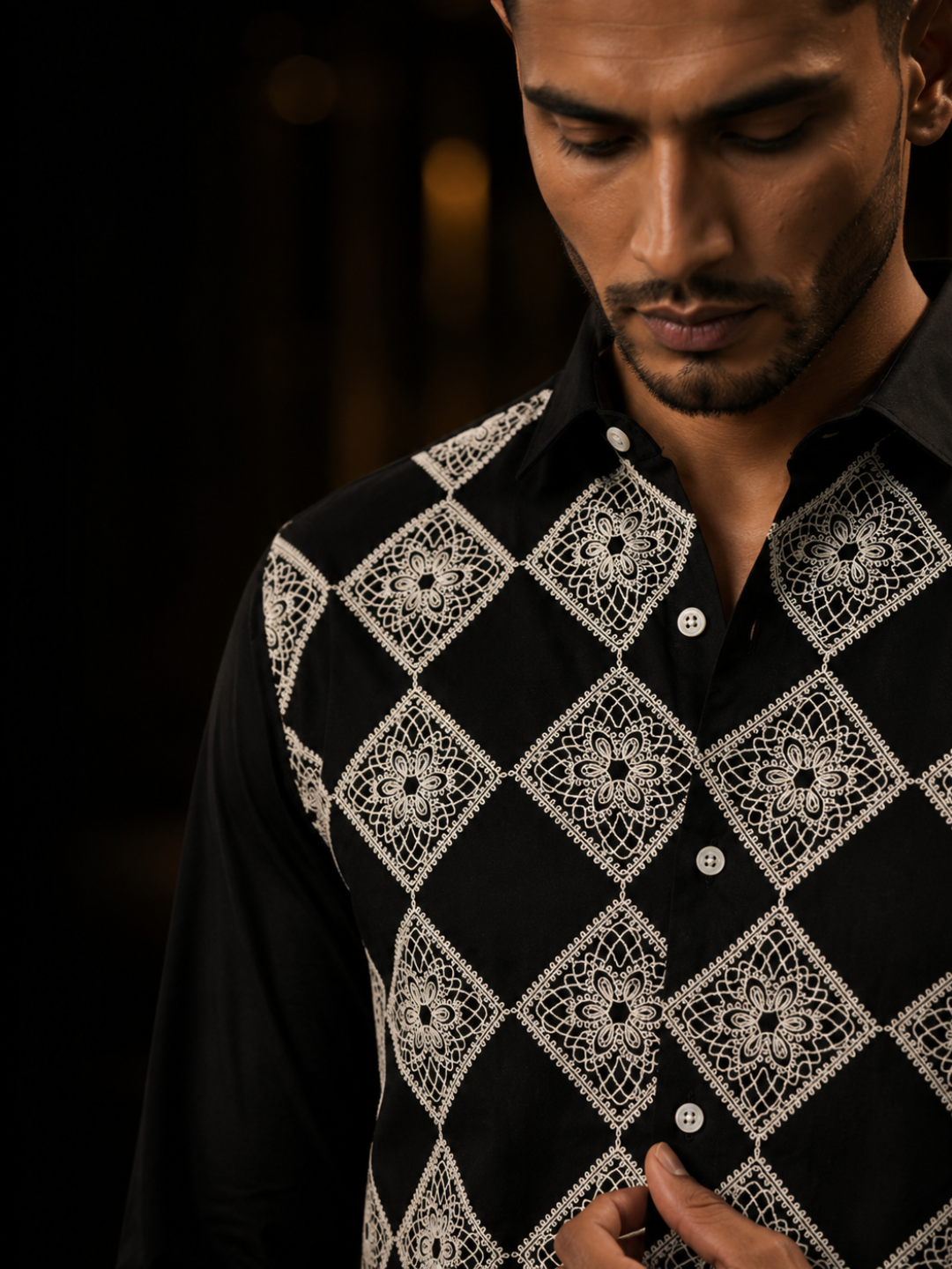 Men’s Ivory Tonal Geometric Embroidered Premium Cotton Shirt