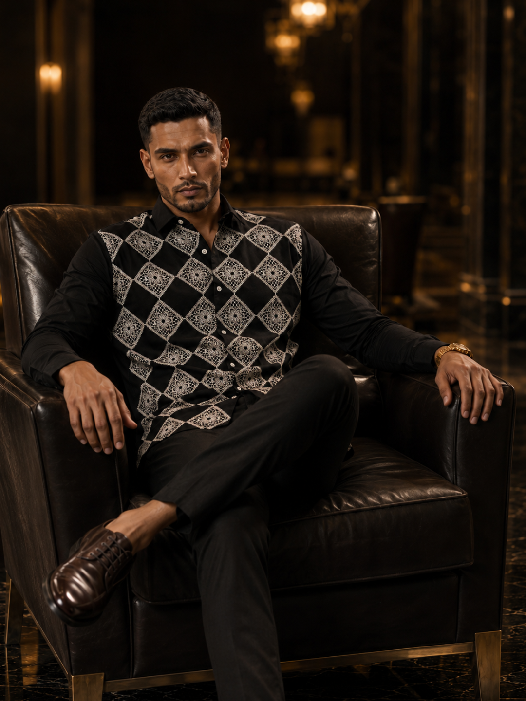 Men’s Ivory Tonal Geometric Embroidered Premium Cotton Shirt