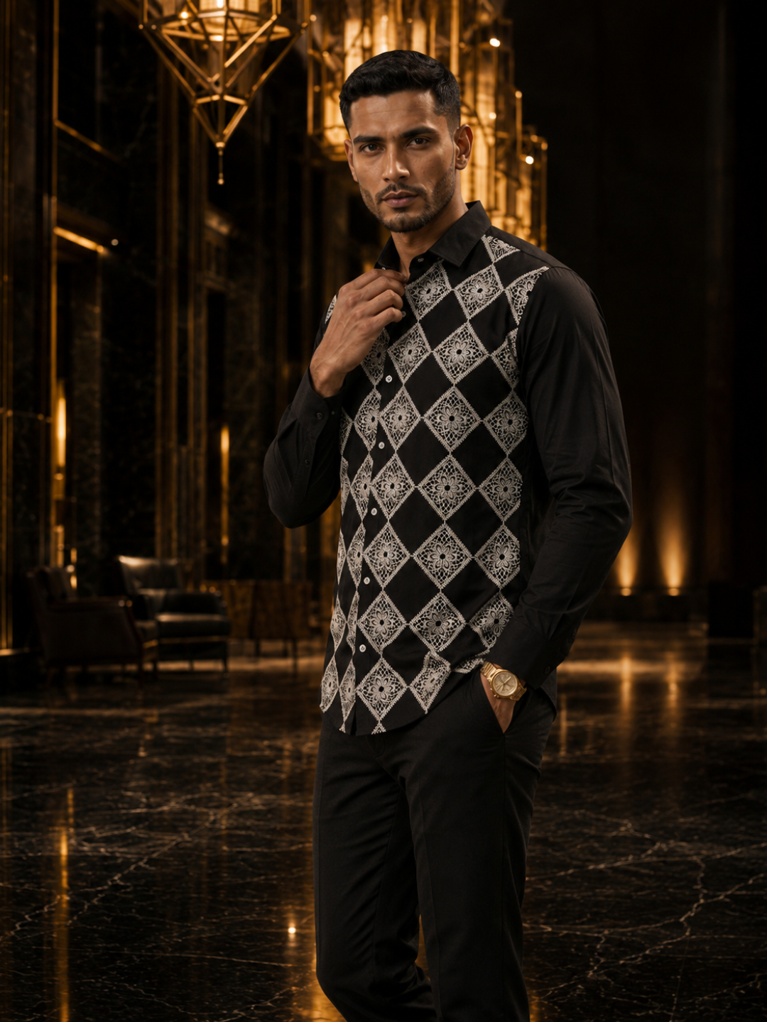 Men’s Ivory Tonal Geometric Embroidered Premium Cotton Shirt