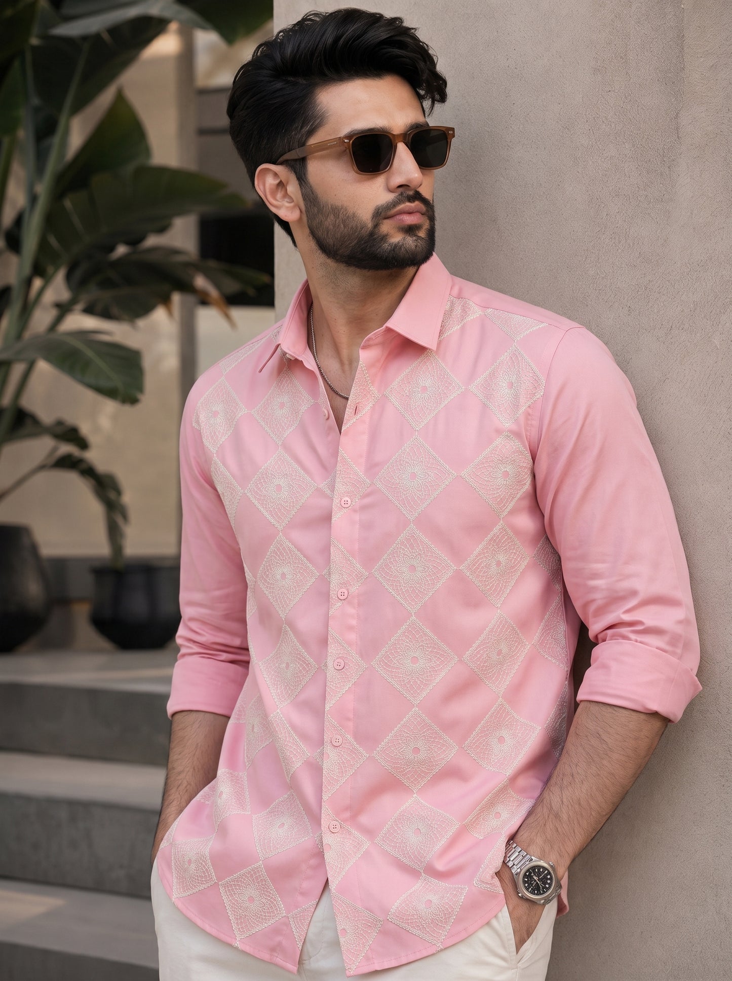 Men’s Pink Embroidered Designer Casual Shirt