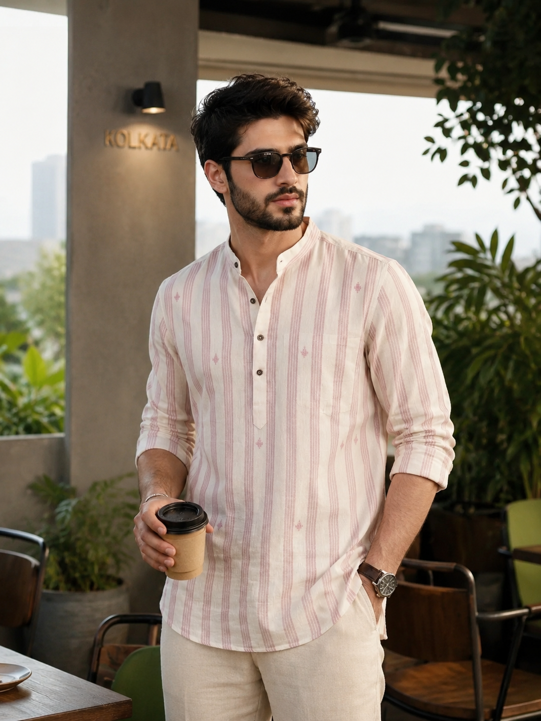 Men's Striped Short Kurta Shirt with Tiny Embroidery