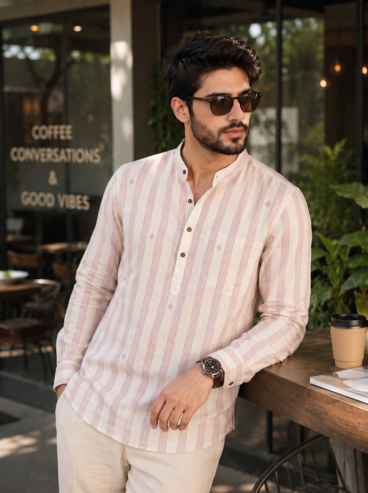 Men's Striped Short Kurta Shirt with Tiny Embroidery