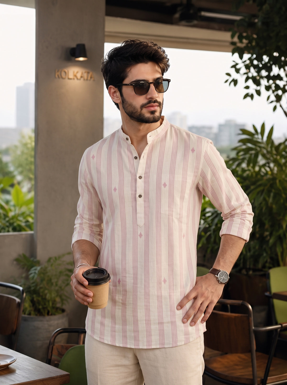 Men's Striped Short Kurta Shirt with Tiny Embroidery