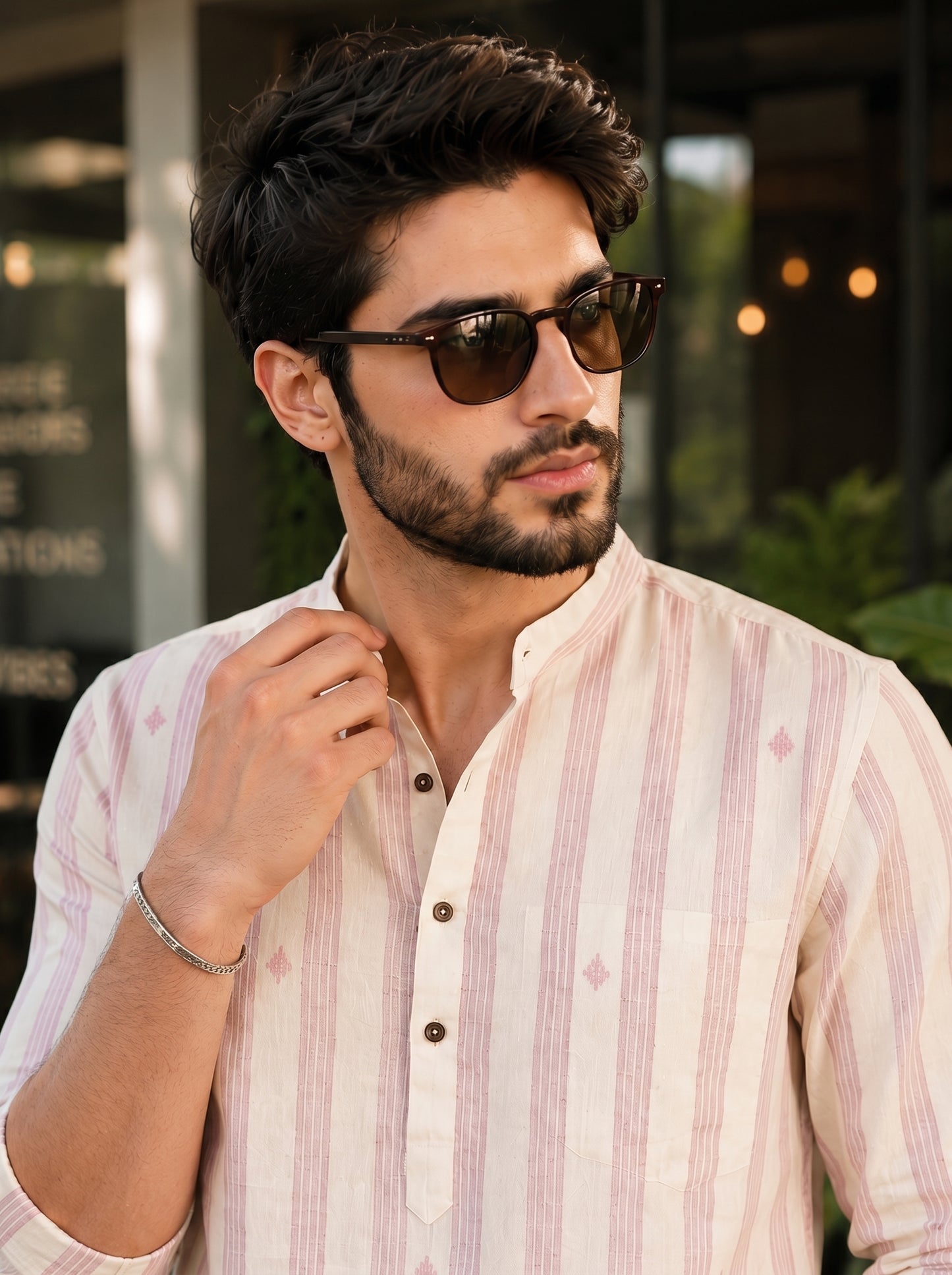 Men's Striped Short Kurta Shirt with Tiny Embroidery