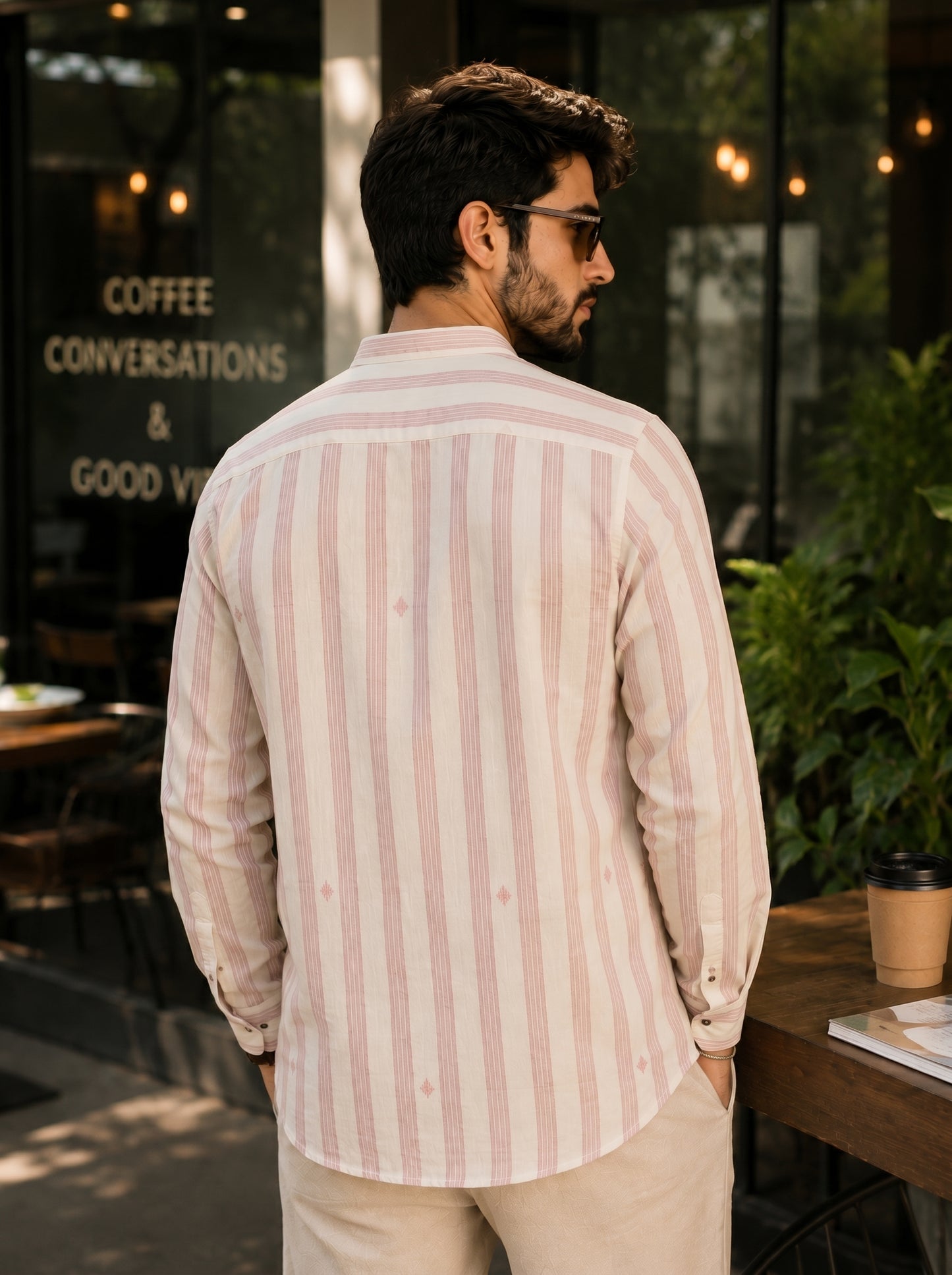 Men's Striped Short Kurta Shirt with Tiny Embroidery