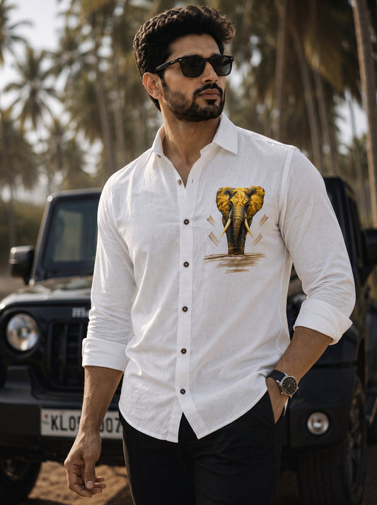 Men’s White Elephant Motif Graphic Cotton Linen Shirt