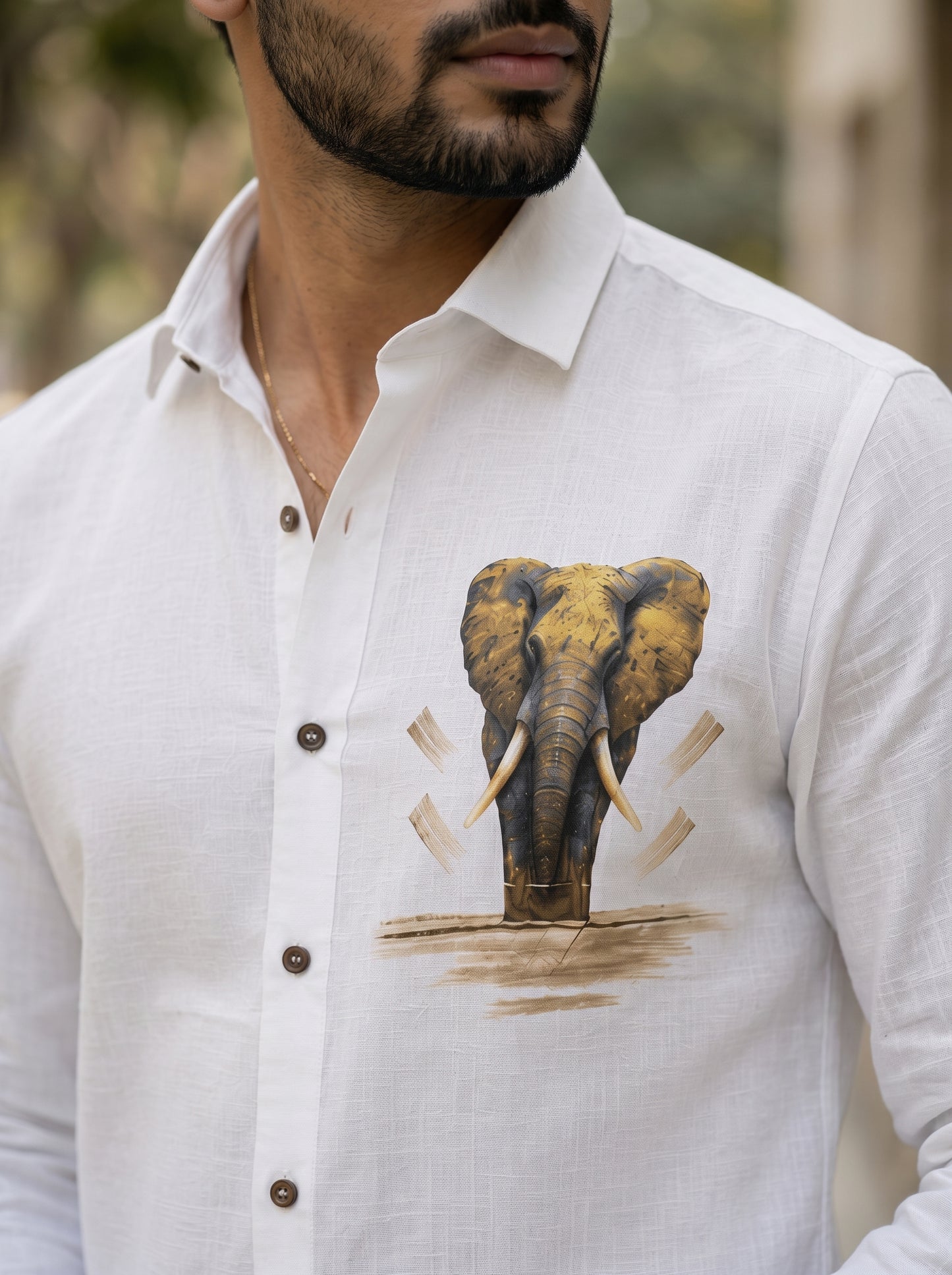 Men’s White Elephant Motif Graphic Cotton Linen Shirt