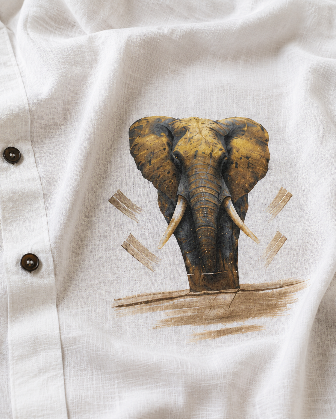 Men’s White Elephant Motif Graphic Cotton Linen Shirt